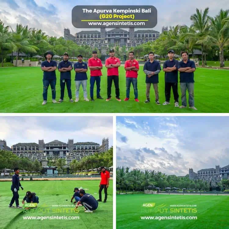pemasangan rumput sintetis di KTT g20 Bali